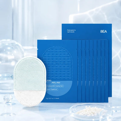 Eight blue exfoliating pad sachets with one dual-sided pad