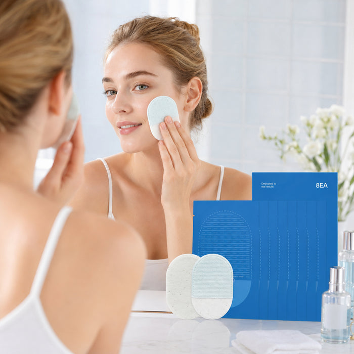 Exfoliating pad used during a skincare routine