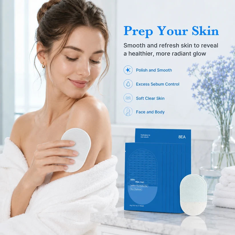 Person using exfoliating pad on shoulder in a bright bathroom